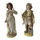 Pair Large Antique French Bisque Porcelain Figures