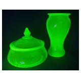Uranium Green Depression Glass Vase and jar w/lid