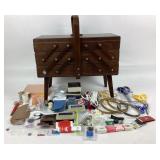 Wooden Sewing Box With Sewing Supplies