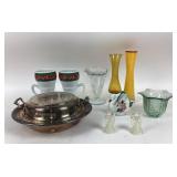 Silverplate Covered Serving Dish, Vases, Mugs
