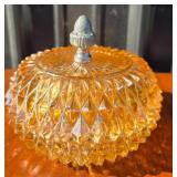 Amber Glass Lidded Dish With Acorn Finial