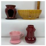 Haeger Pottery Bowl, Red Bud Vase, Pink Melitta Cu