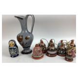 Signed Tonala Pitcher, (9) Folk Art Pottery Bells