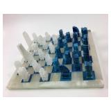 Frosted White And Blue Alabaster Chess Set