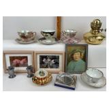 Pewter Dish, Teacups, Brass Oil Lamp