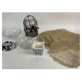 Glass Bowls, Metal Birdcage, Ceramic Vase, Placema