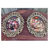 Ornate Oval Floral Prints With Metal Frames