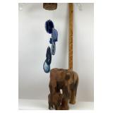 Carved Wooden Elephant Family, Agate Slab Wind Chi