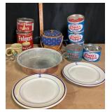 Longaberger Basket, Coffee Tins, Copper Pan