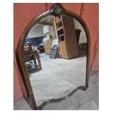 Arched Wooden Mirror Features A Central Painted