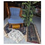 Blue Upholstered Cane Armchair, Rugs, Suitcase, Fa