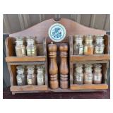 Wood Spice Rack with Glass Jars, Pepper Mills