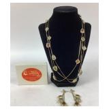 Gold Tone 3 Strand Dangle Necklace & Earring Set