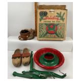 Pottery Raccoon Vase, Wooden Clogs, Metal Tree Sta
