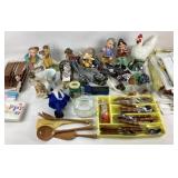 Ceramic Figurines, Flatware, Linens, Fruit Basket,