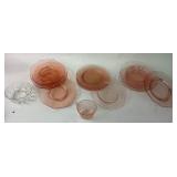 Pink Depression Glass Plates, Saucers, Cup and Cle