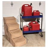 Utility Cart, 3 Gas Cans, & Pet Stairs