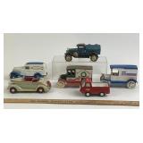 Six Die-Cast Model Cars, Banks, and Trucks Assortm