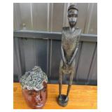 Ceramic Face Sculpture, Carved Wooden Figurine