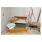 4 wood wall shelves, basket, bench, sweeper