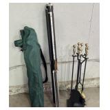Folding camping chair, screen, fireplace tools