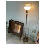Floor lamp w/ enamel shade, wall shelf cabinet
