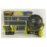 Ryobi 18V Fan, Spotlight, Stanley Organizer