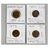 1880, 1892, 1898 and 1909 Indian Head Pennies