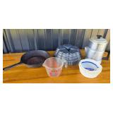 Cast Iron Skillet, Pyrex Measuring Cup, Wilton Cak