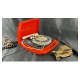 Plastic Portable Record Player, Two Metal Car Bank