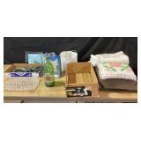 Household Lot with Glass Bottle, Flatware, Wooden