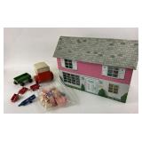 Tin Dollhouse With Plastic Furniture and Toy Trail