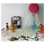 Glassware, Ceramic Figurines, Folding Stool