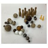 Wood Bowling Pins and Marbles