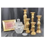 Gold Tone Candle Holders, Cut Glass Jar +