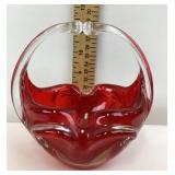 Red Art Glass Ashtray With Clear Handle
