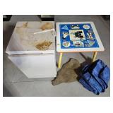 White Cabinet, Kids Table, Blue Fabric, Rug