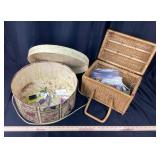 Wicker picnic craft basket with beads, glue gun
