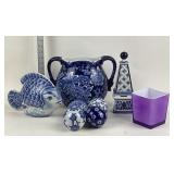 Blue White Ceramic Decor Group, Floral And Fish