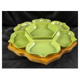 Green Ceramic Lazy Susan With Wood Base