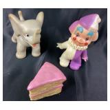 3 MCM Vintage Baby Squeaky Toys: Elephant, Clown,