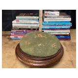 Embroidered Footstool & Books: Andirondack Cabin,