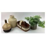 Table Lamp, Ceramic Jug, Faux Plant in Pot, Basket