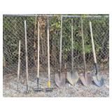 Spade Shovels (4), Hoes (2), Cultivator Tool &