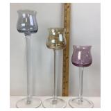 Three Iridescent Tall Glass Candleholders