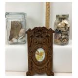 Glass Jars of Seashells, Carved Wood Frame
