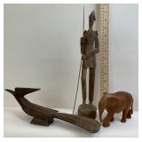 Carved Wooden Hunting Bird, Elephant, Man with Lan