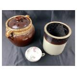 Stoneware Crock, Brown Glazed Jar with Lid, Floral