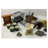 Decorative Clocks, Mugs, Baskets, Figures +