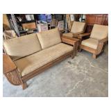 Wood Base Couch With Tan Upholstery & 2 Matching